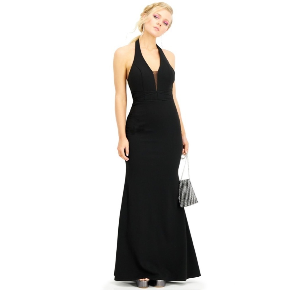 City Studios Black Illusion-Inset Halter Gown